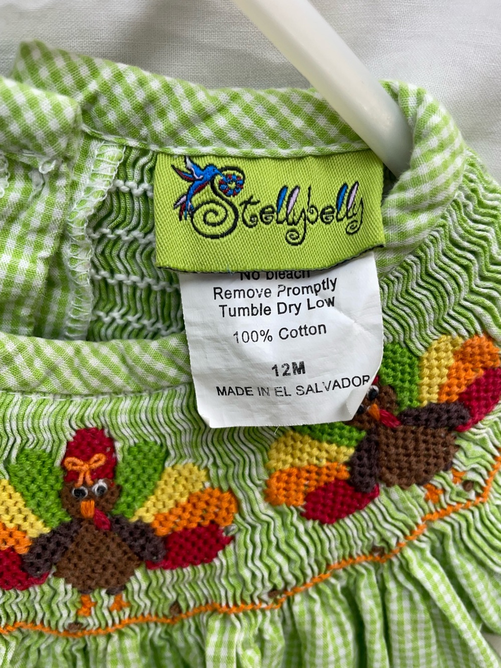 Vintage Stelbelly Smocked Green Gingham Dress/Turkey Embroidery girl sz 12 mos - Picture 4 of 5